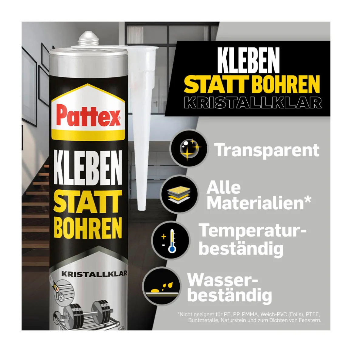 Pattex Montageklebstoff Kleben statt Bohren Kristallklar 290 g