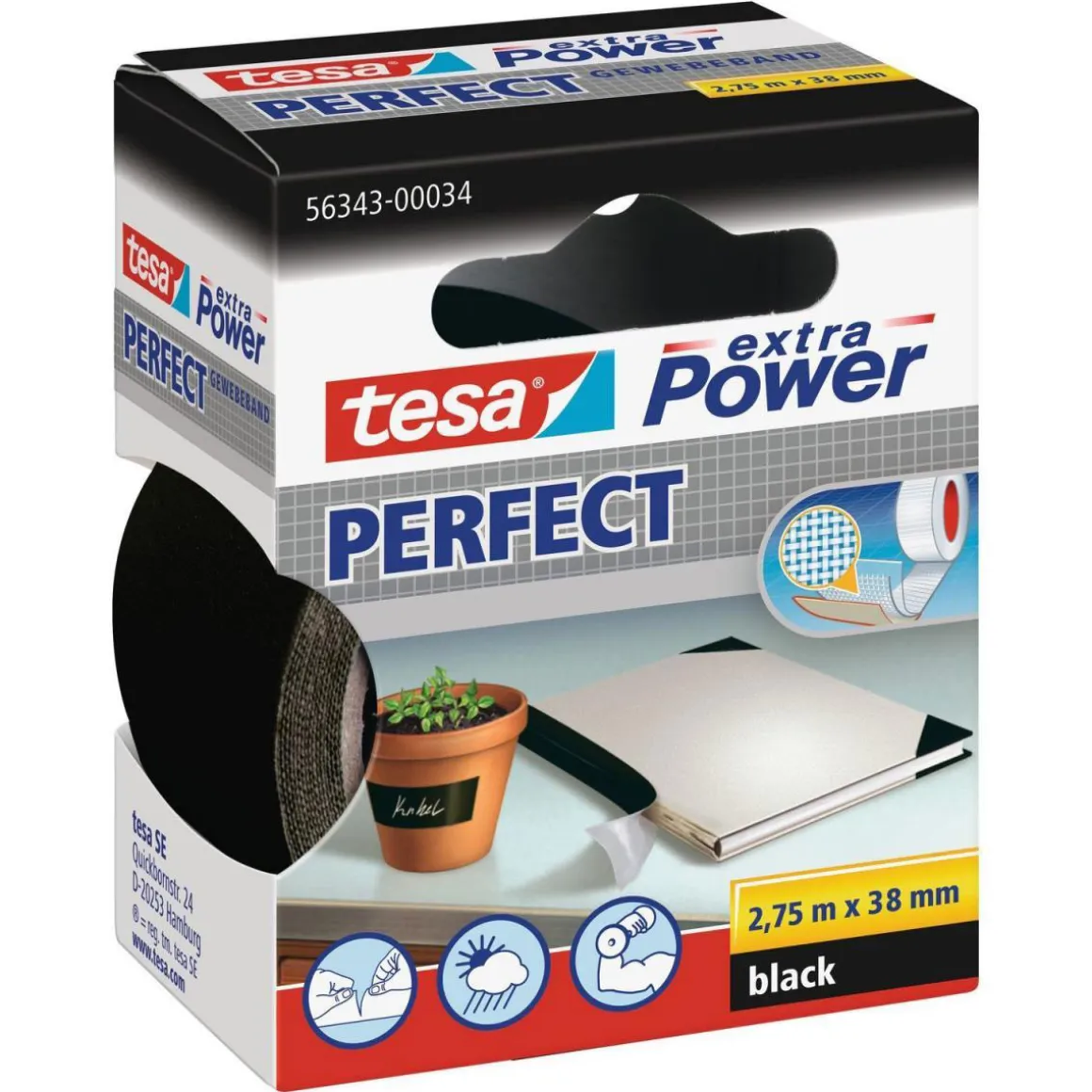 Tesa Extra Power Gewebeband schwarz 38 mm