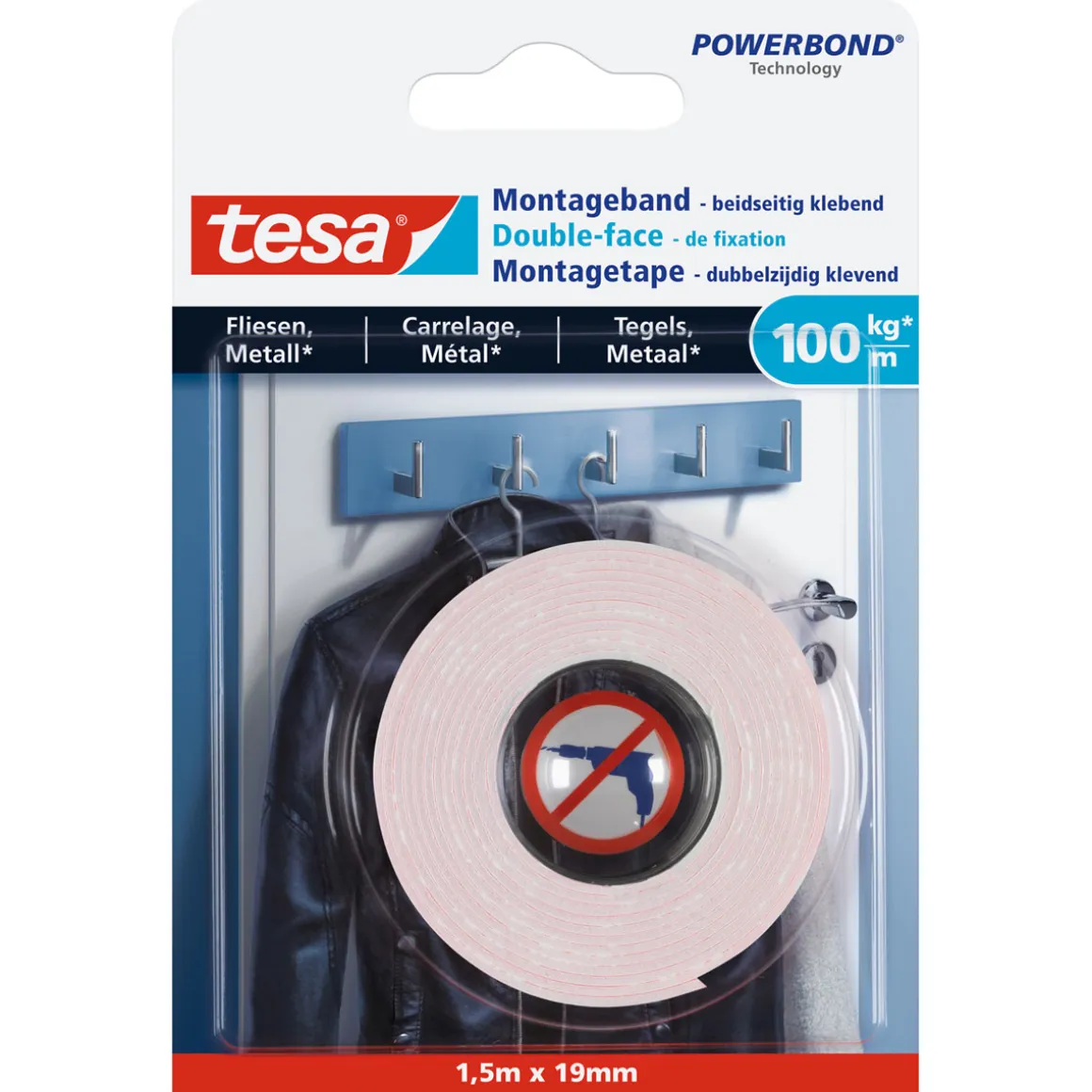 Tesa Montageband für Fliesen 1,5 m x 19 mm Traglast 100 kg